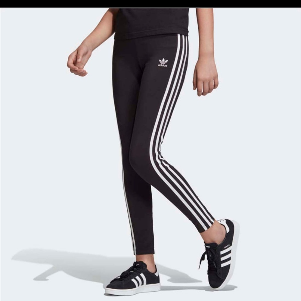 Adidas Junior Girls' 3 Stripes Leggings - Black/White Size 14